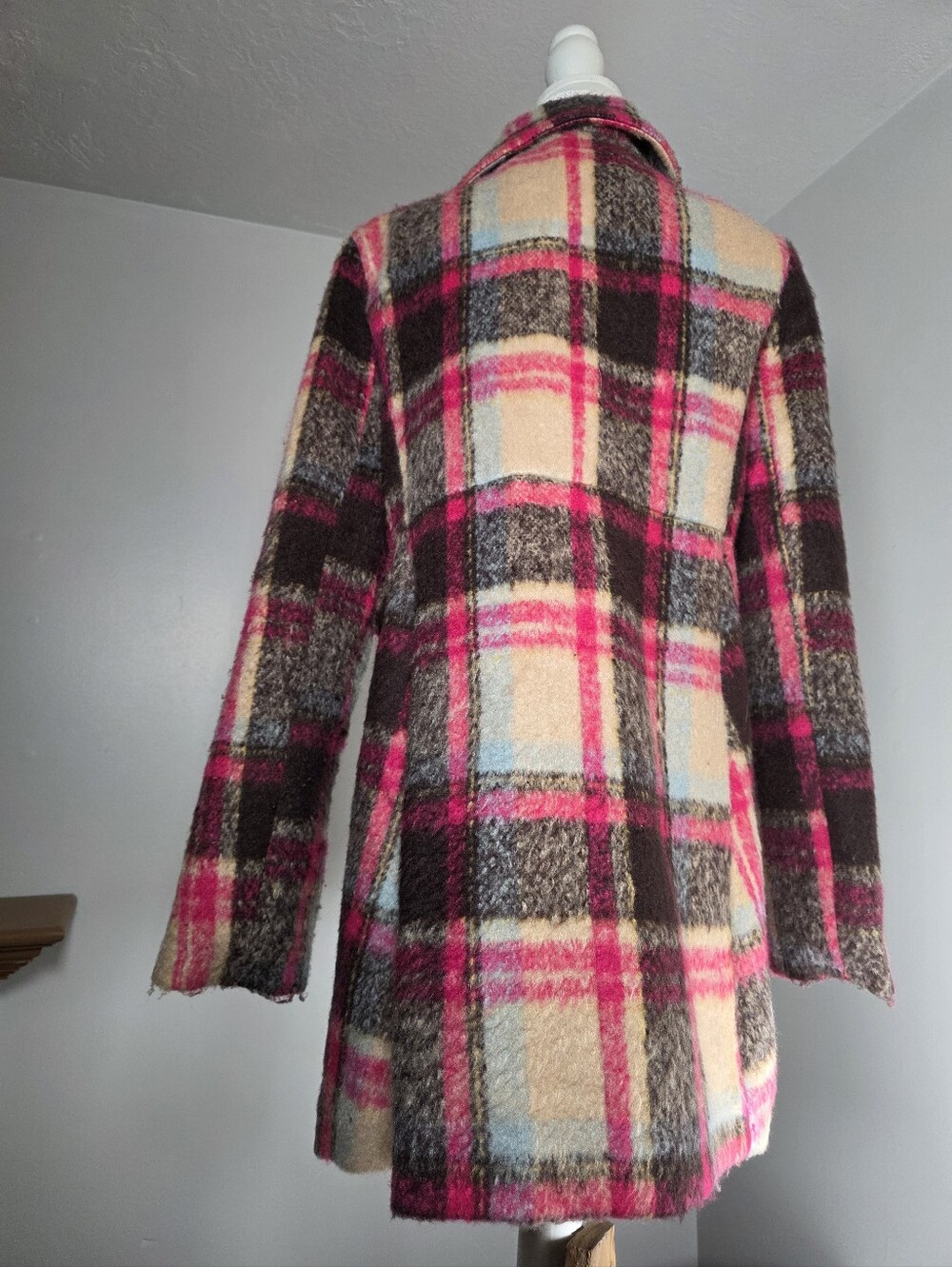 Rue21 Pink & Cream Plaid Double-Breasted Peacoat - Picture 4 of 4